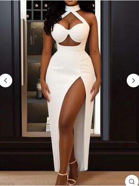 Elegant White Cutout Halter Maxi Dress with Side Thigh Slit